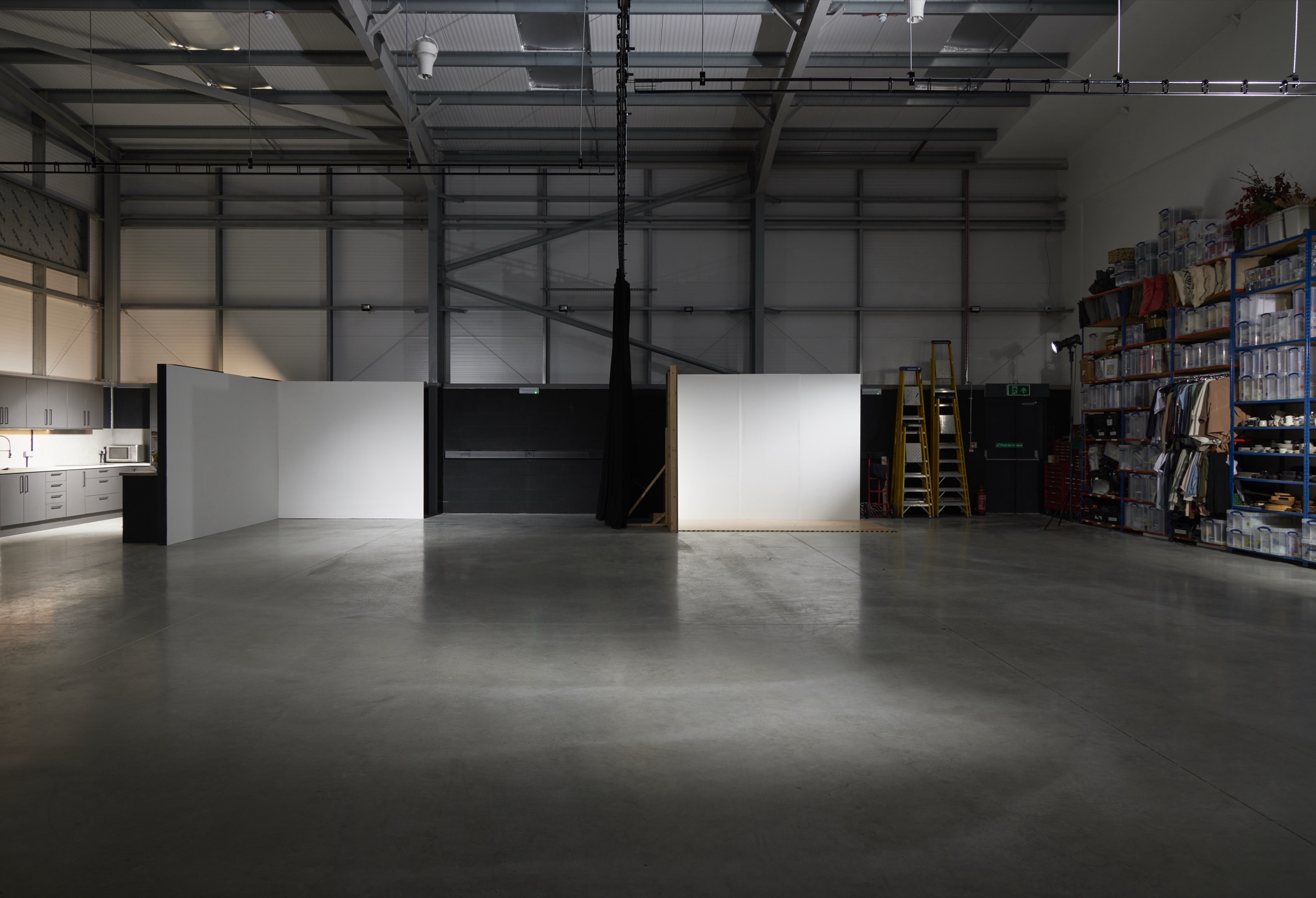 The full Hopclover Studios floor: polished concrete, shoot bays, kitchen and props store
