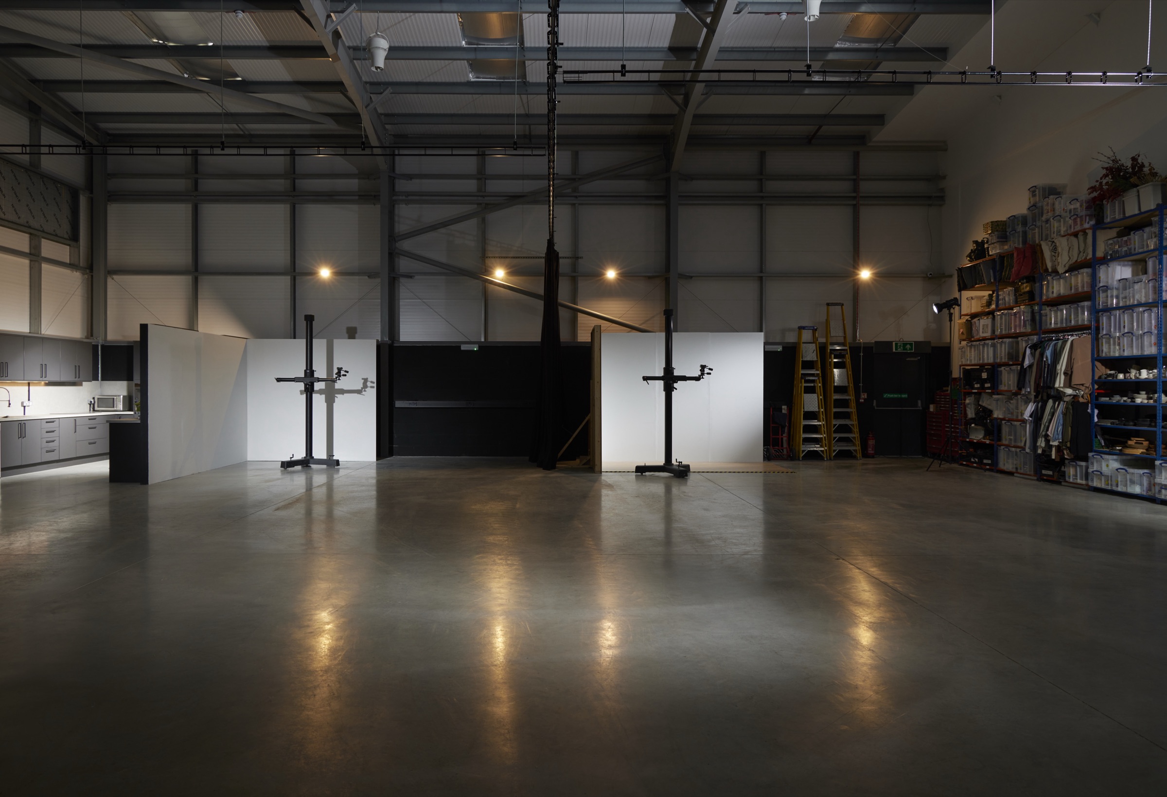 The open studio floor with camera stands set in two bays